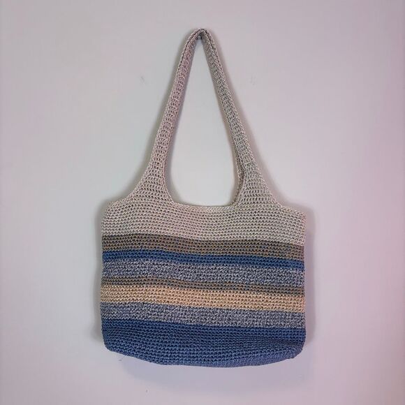 The Sak Cream and Blue Striped Knit Shoulder Purse Bag - Picture 2 of 6